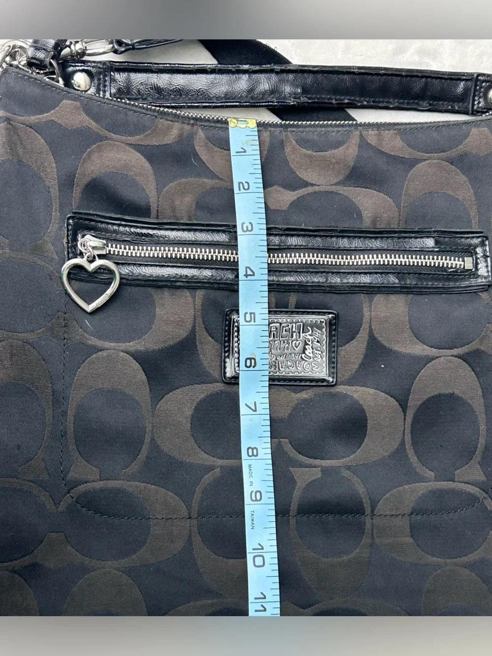 Coach #F20064 Black & Brown Signature Fabric Crossbody Hobo Bag Heart Charm